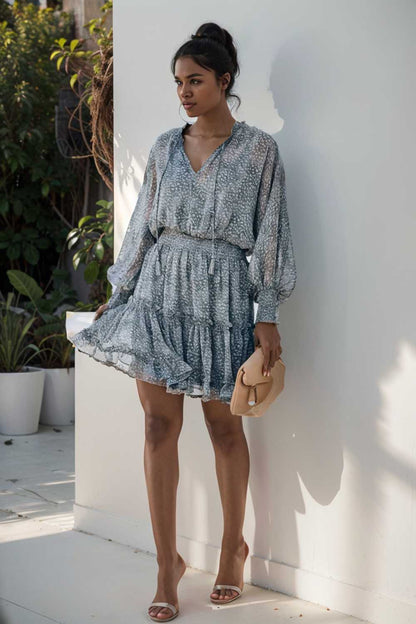 loose leopard print v neck dress drop shoulder a line closed cape paneled 110867