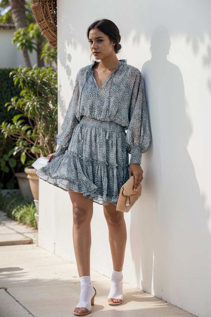 loose leopard print v neck dress drop shoulder a line closed cape paneled 115769