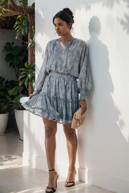loose leopard print v neck dress drop shoulder a line closed cape paneled 133788