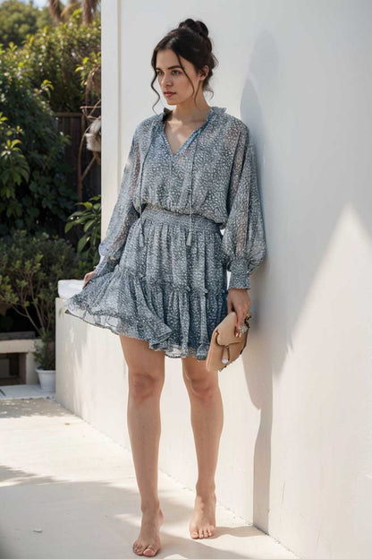 loose leopard print v neck dress drop shoulder a line closed cape paneled 124947