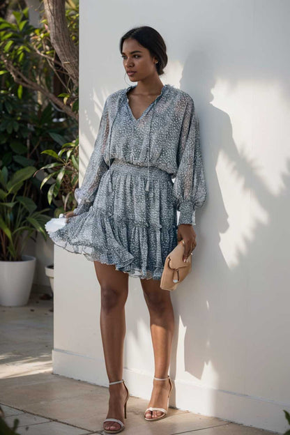 loose leopard print v neck dress drop shoulder a line closed cape paneled 105052