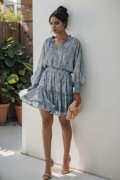 loose leopard print v neck dress drop shoulder a line closed cape paneled 115763