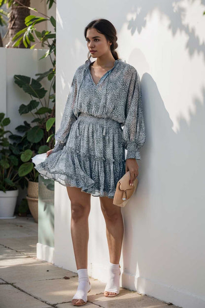 loose leopard print v neck dress drop shoulder a line closed cape paneled 133781
