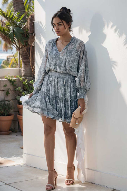 loose leopard print v neck dress drop shoulder a line closed cape paneled 133780