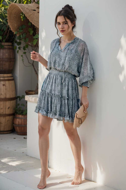 loose leopard print v neck dress drop shoulder a line closed cape paneled 127837