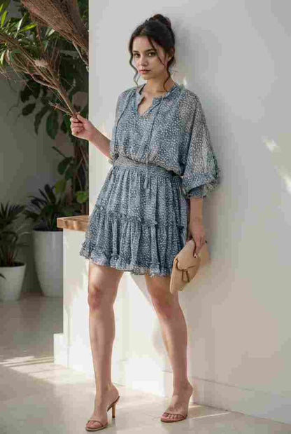 loose leopard print v neck dress drop shoulder a line closed cape paneled 131176