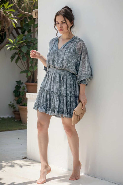 loose leopard print v neck dress drop shoulder a line closed cape paneled 110055