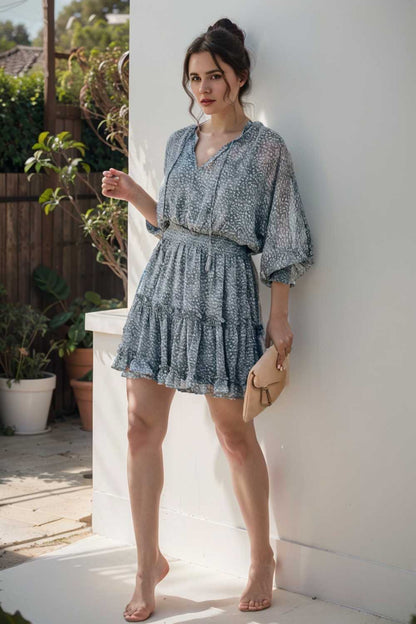 loose leopard print v neck dress drop shoulder a line closed cape paneled 109042