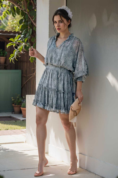 loose leopard print v neck dress drop shoulder a line closed cape paneled 105047