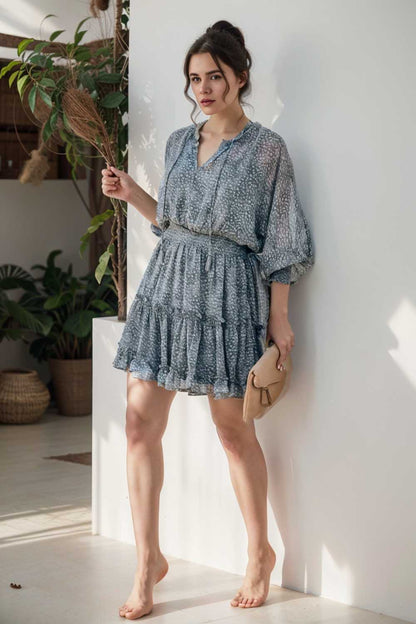 loose leopard print v neck dress drop shoulder a line closed cape paneled 112486