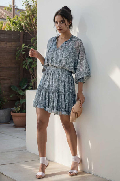 loose leopard print v neck dress drop shoulder a line closed cape paneled 132898