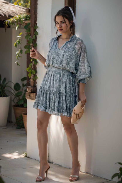 loose leopard print v neck dress drop shoulder a line closed cape paneled 105046