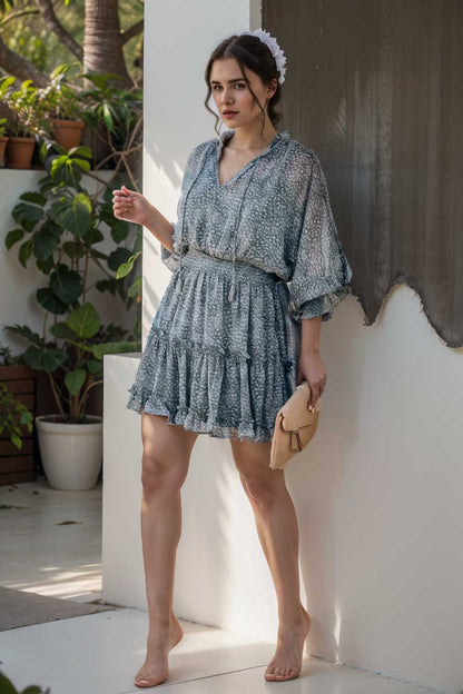 loose leopard print v neck dress drop shoulder a line closed cape paneled 133775