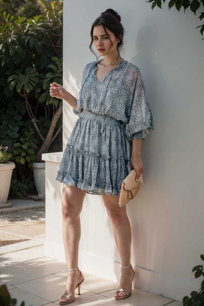 loose leopard print v neck dress drop shoulder a line closed cape paneled 124939