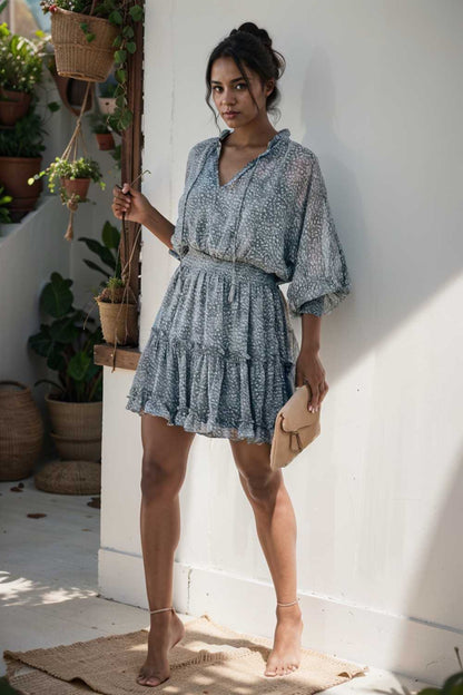 loose leopard print v neck dress drop shoulder a line closed cape paneled 132897