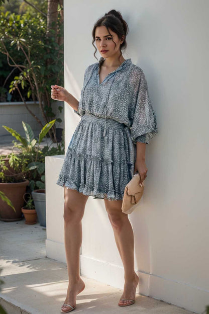 loose leopard print v neck dress drop shoulder a line closed cape paneled 124938