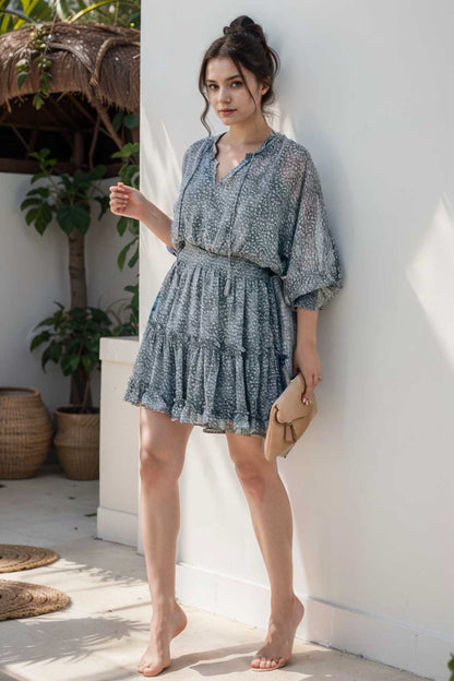 loose leopard print v neck dress drop shoulder a line closed cape paneled 132896