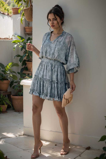 loose leopard print v neck dress drop shoulder a line closed cape paneled 105044