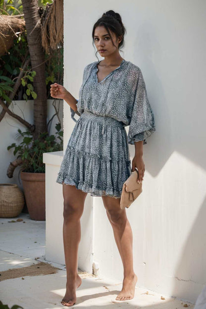 loose leopard print v neck dress drop shoulder a line closed cape paneled 111862