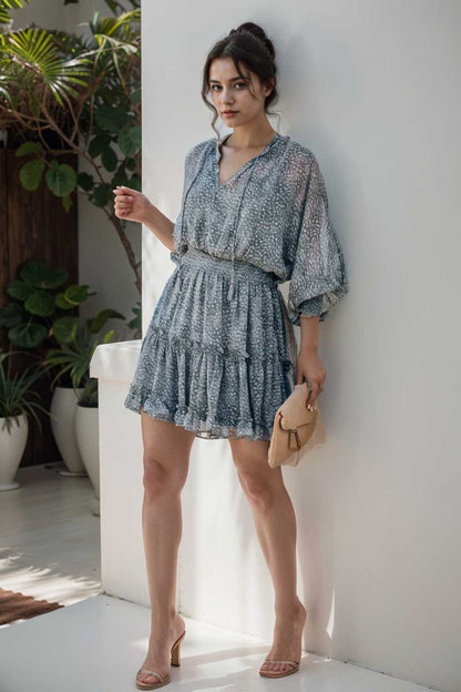 loose leopard print v neck dress drop shoulder a line closed cape paneled 132895