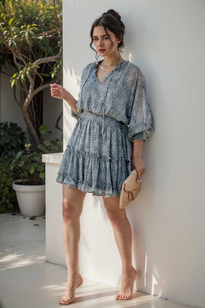 loose leopard print v neck dress drop shoulder a line closed cape paneled 124935
