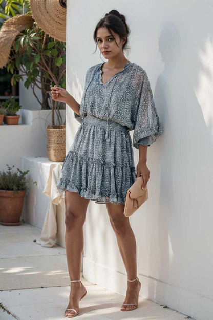 loose leopard print v neck dress drop shoulder a line closed cape paneled 111859