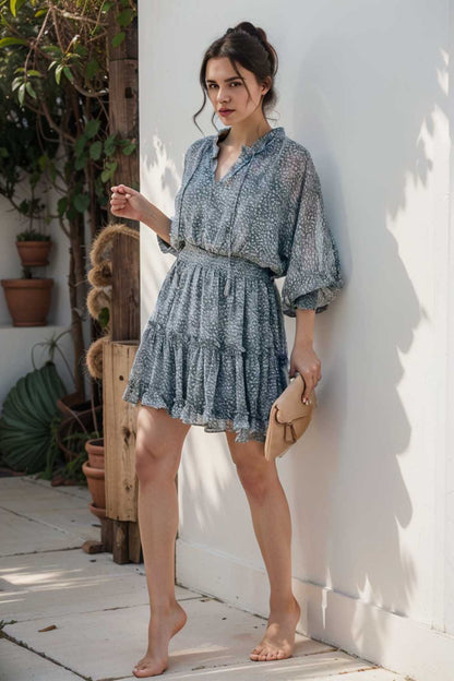 loose leopard print v neck dress drop shoulder a line closed cape paneled 105040