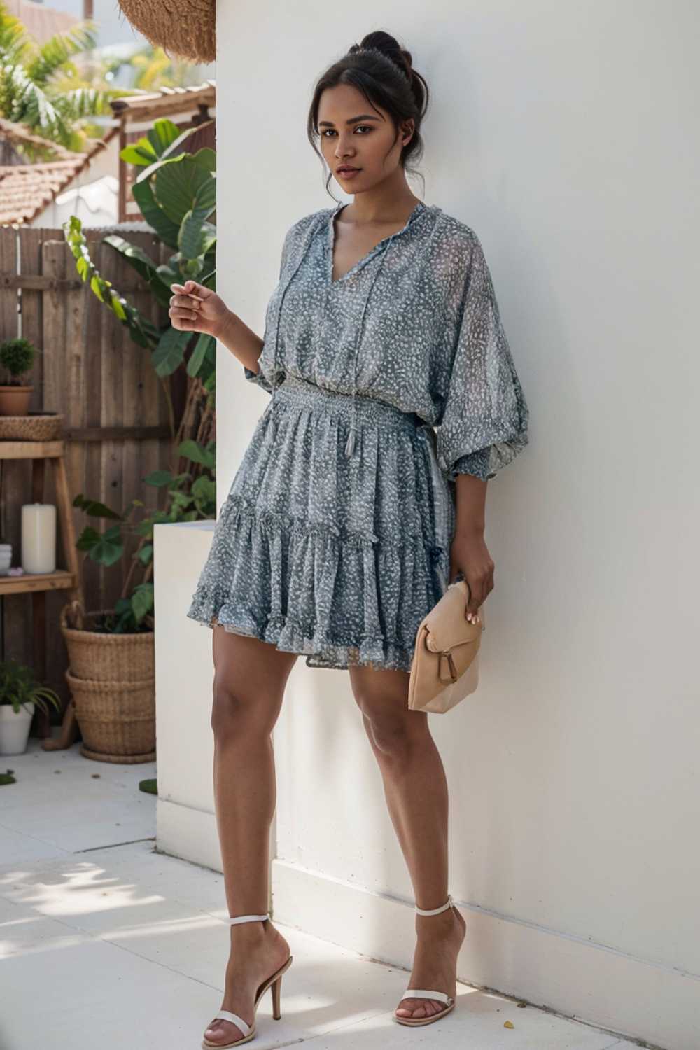 loose leopard print v neck dress drop shoulder a line closed cape paneled 133768