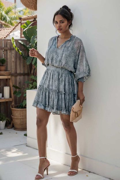 loose leopard print v neck dress drop shoulder a line closed cape paneled 133768