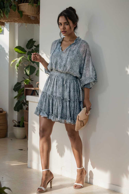 loose leopard print v neck dress drop shoulder a line closed cape paneled 105039