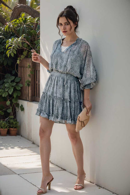 loose leopard print v neck dress drop shoulder a line closed cape paneled 111231