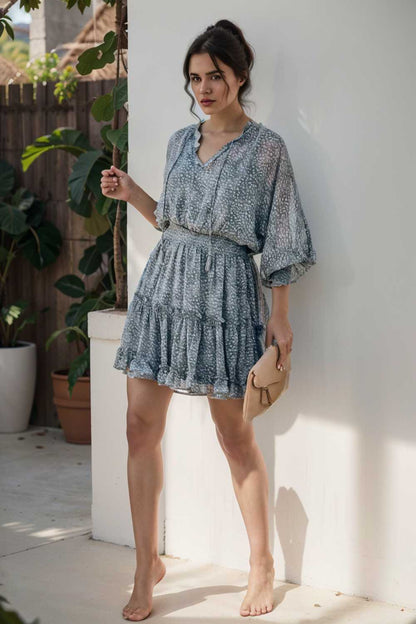 loose leopard print v neck dress drop shoulder a line closed cape paneled 133765
