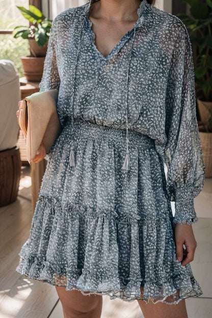 loose leopard print v neck dress drop shoulder a line closed cape paneled 122289