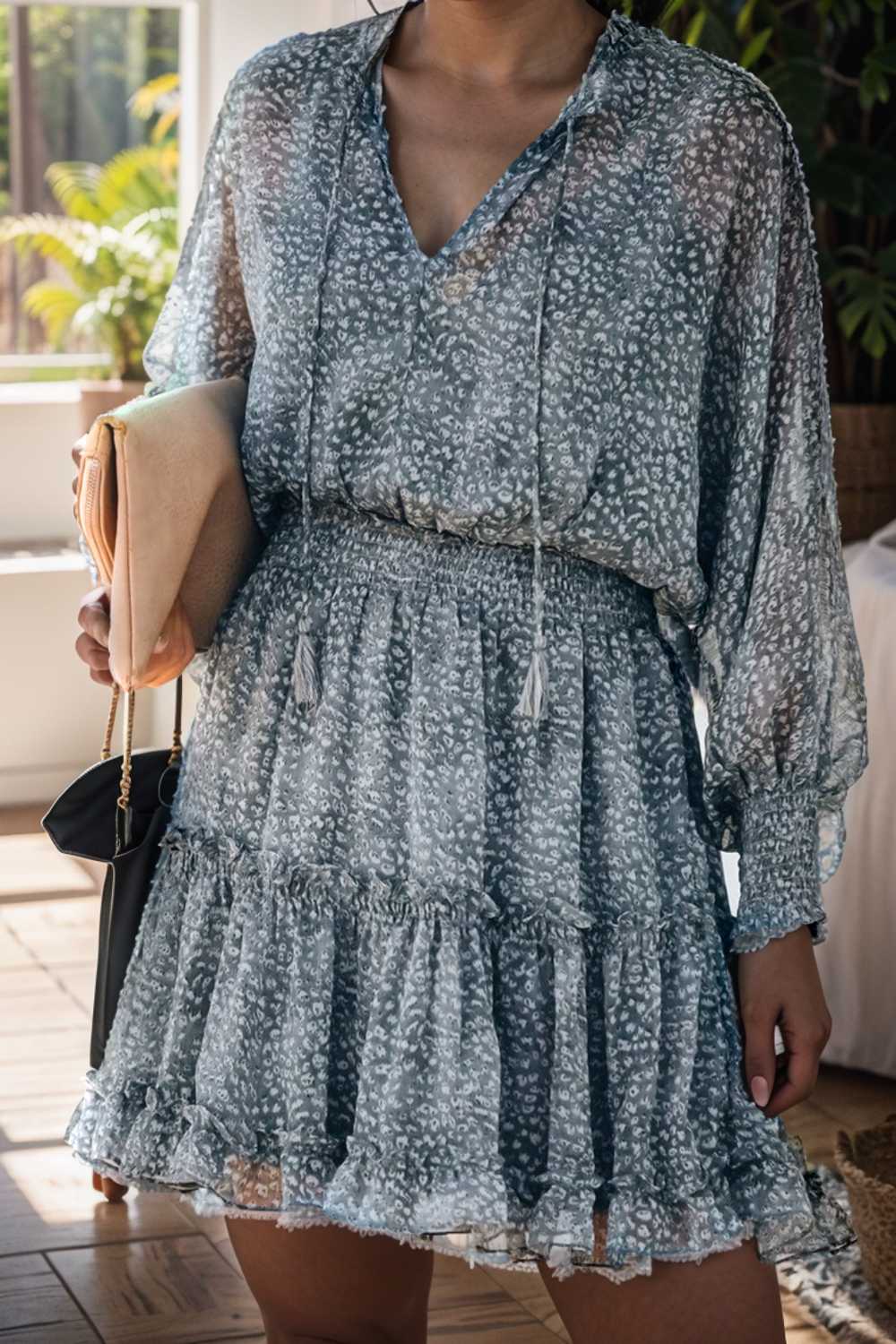 loose leopard print v neck dress drop shoulder a line closed cape paneled 126185