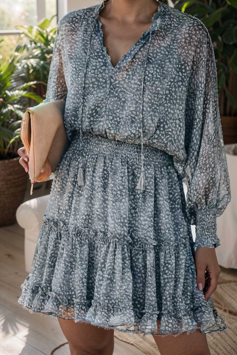loose leopard print v neck dress drop shoulder a line closed cape paneled 133764