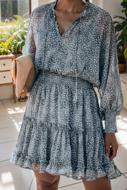 loose leopard print v neck dress drop shoulder a line closed cape paneled 131798