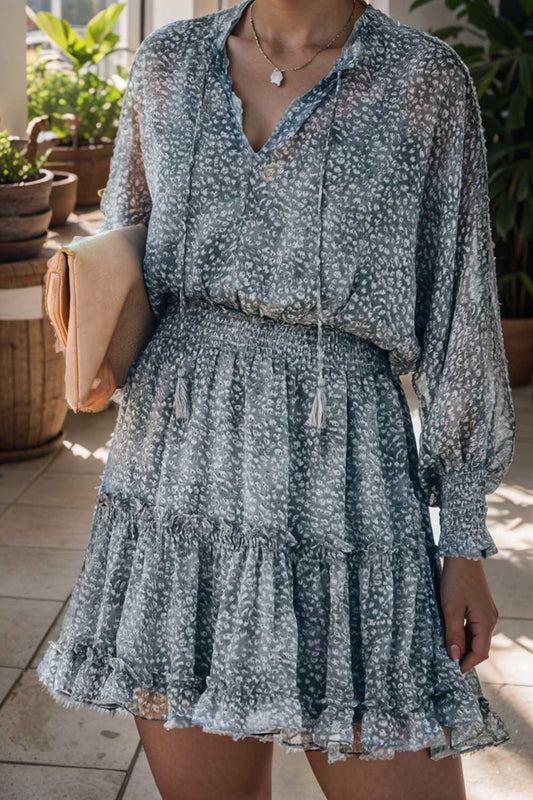loose leopard print v neck dress drop shoulder a line closed cape paneled 107276