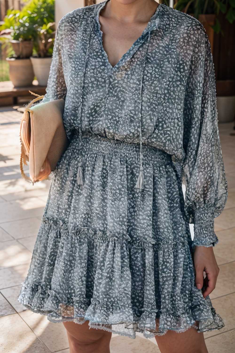 loose leopard print v neck dress drop shoulder a line closed cape paneled 134156
