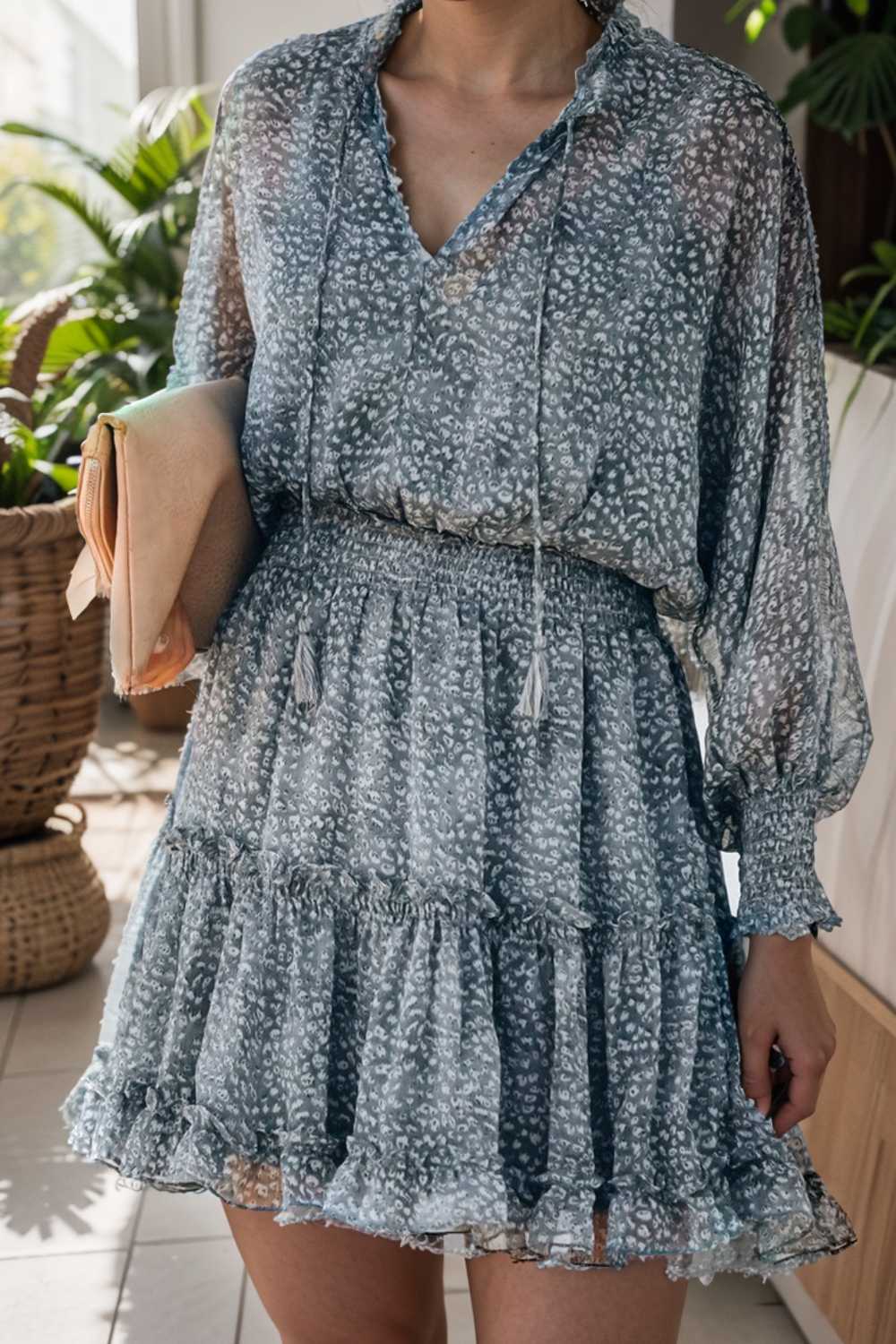 loose leopard print v neck dress drop shoulder a line closed cape paneled 130857