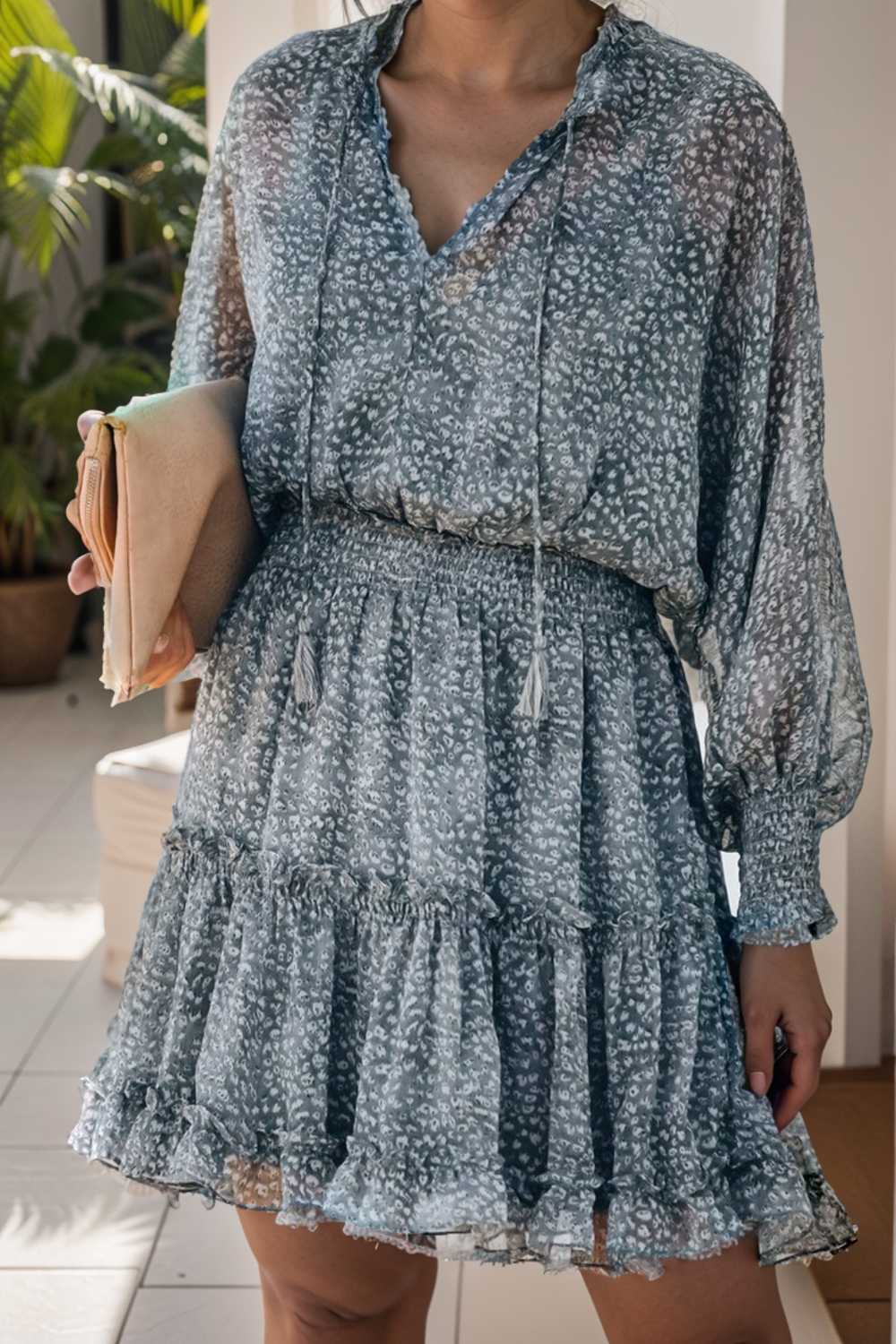 loose leopard print v neck dress drop shoulder a line closed cape paneled 105033