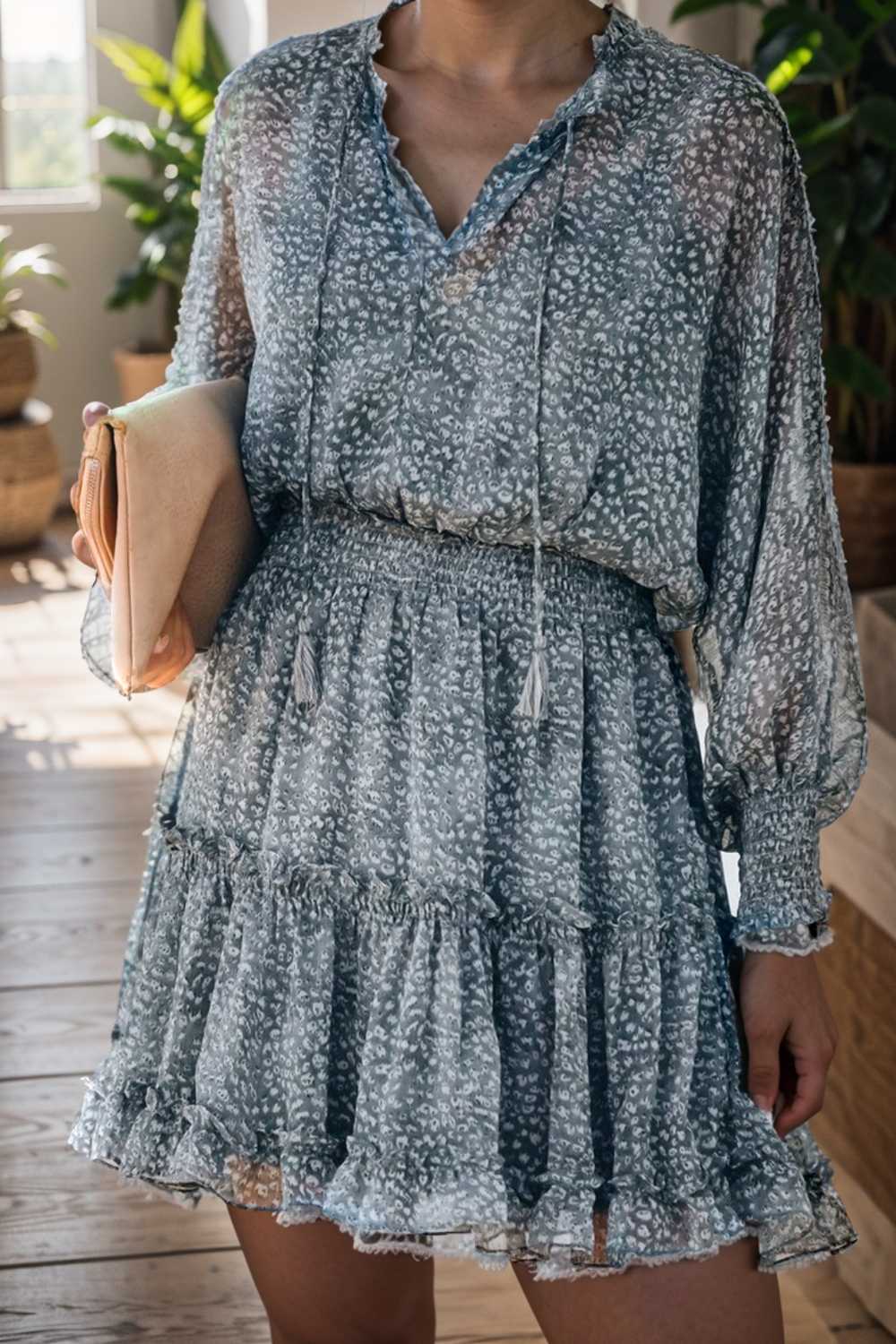 loose leopard print v neck dress drop shoulder a line closed cape paneled 129653