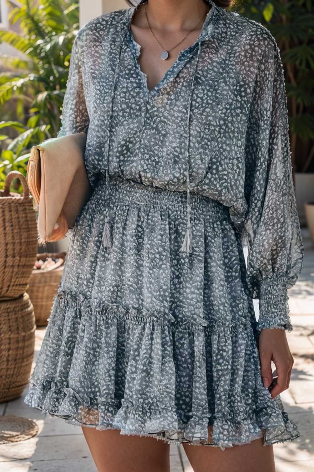 loose leopard print v neck dress drop shoulder a line closed cape paneled 133763