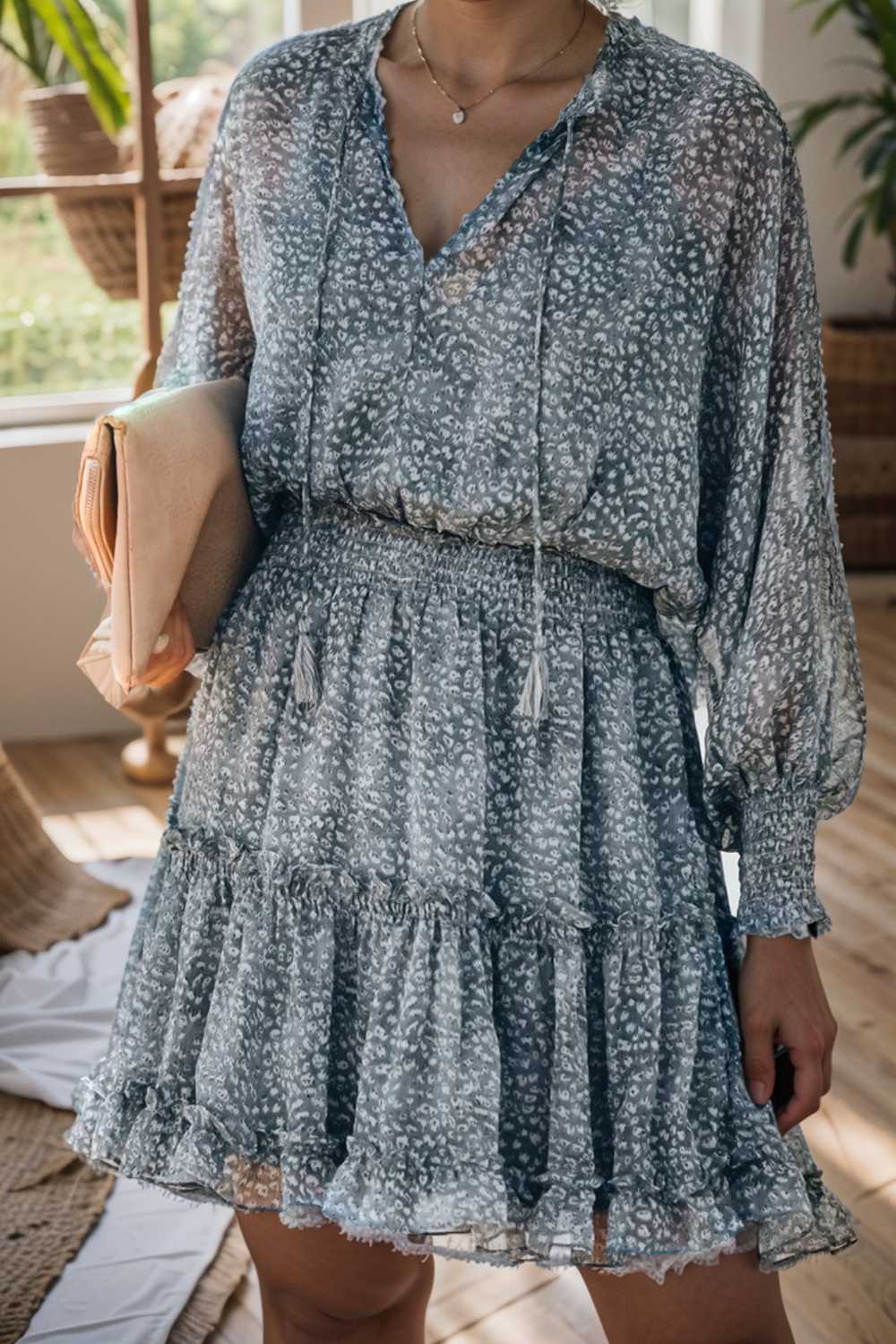 loose leopard print v neck dress drop shoulder a line closed cape paneled 141772