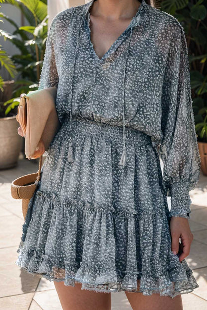 loose leopard print v neck dress drop shoulder a line closed cape paneled 104394