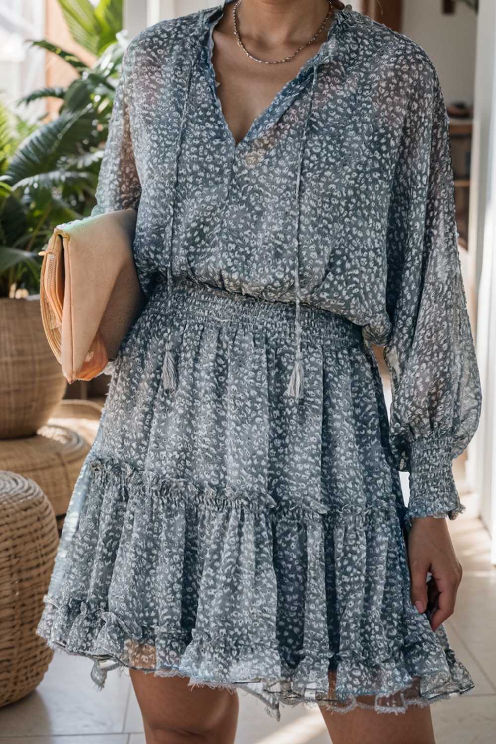 loose leopard print v neck dress drop shoulder a line closed cape paneled 133762