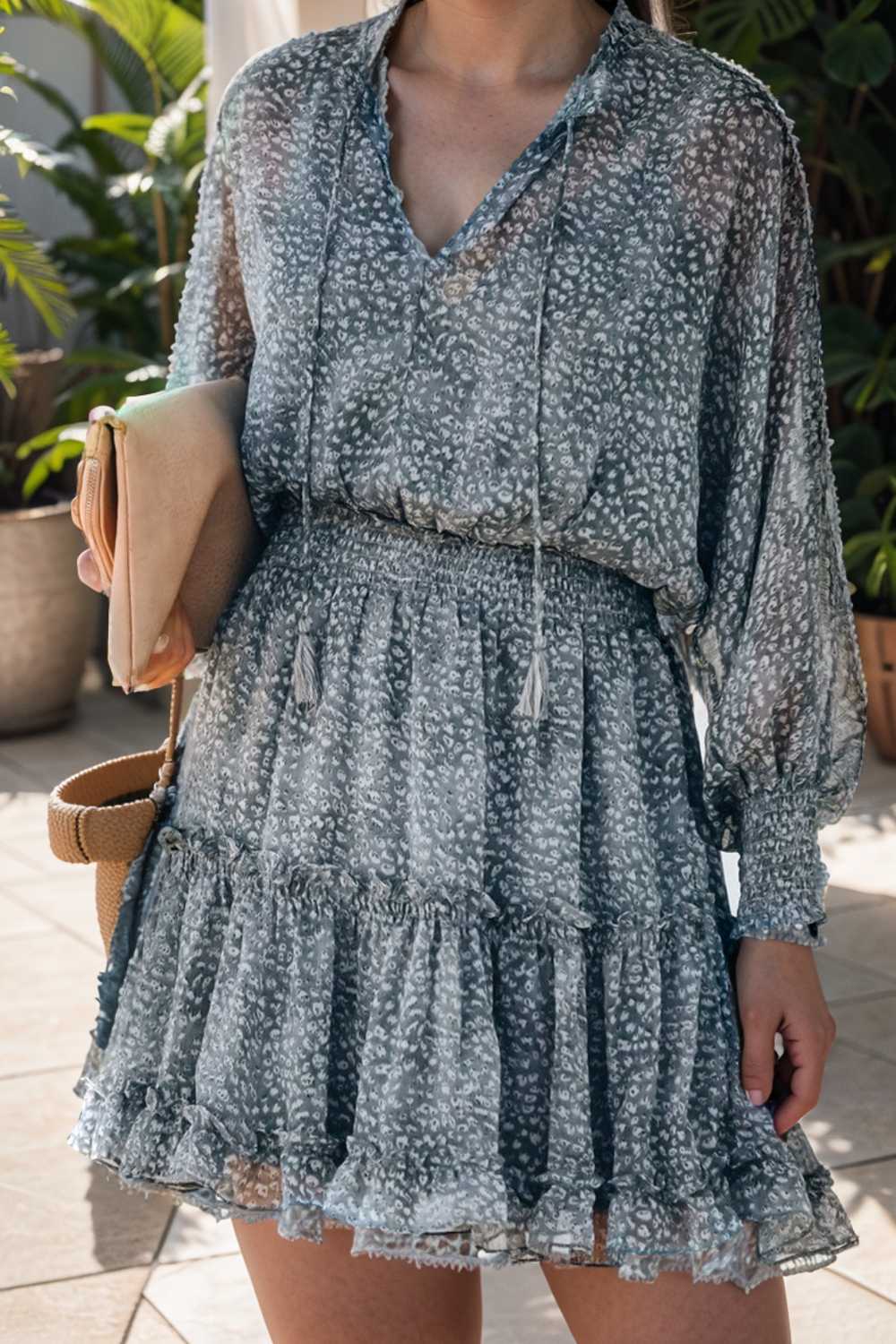 loose leopard print v neck dress drop shoulder a line closed cape paneled 131796
