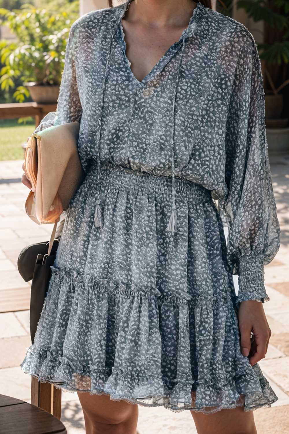 loose leopard print v neck dress drop shoulder a line closed cape paneled 105031