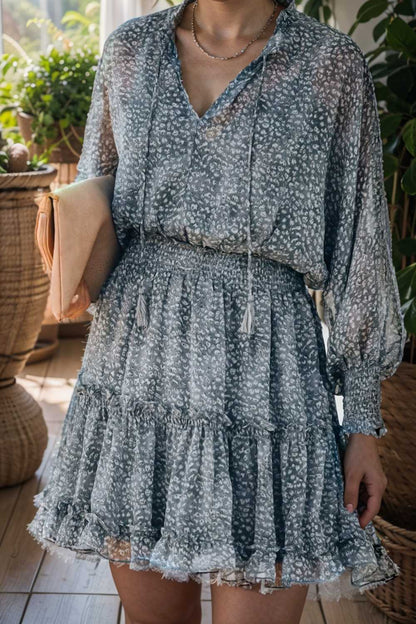 loose leopard print v neck dress drop shoulder a line closed cape paneled 105030