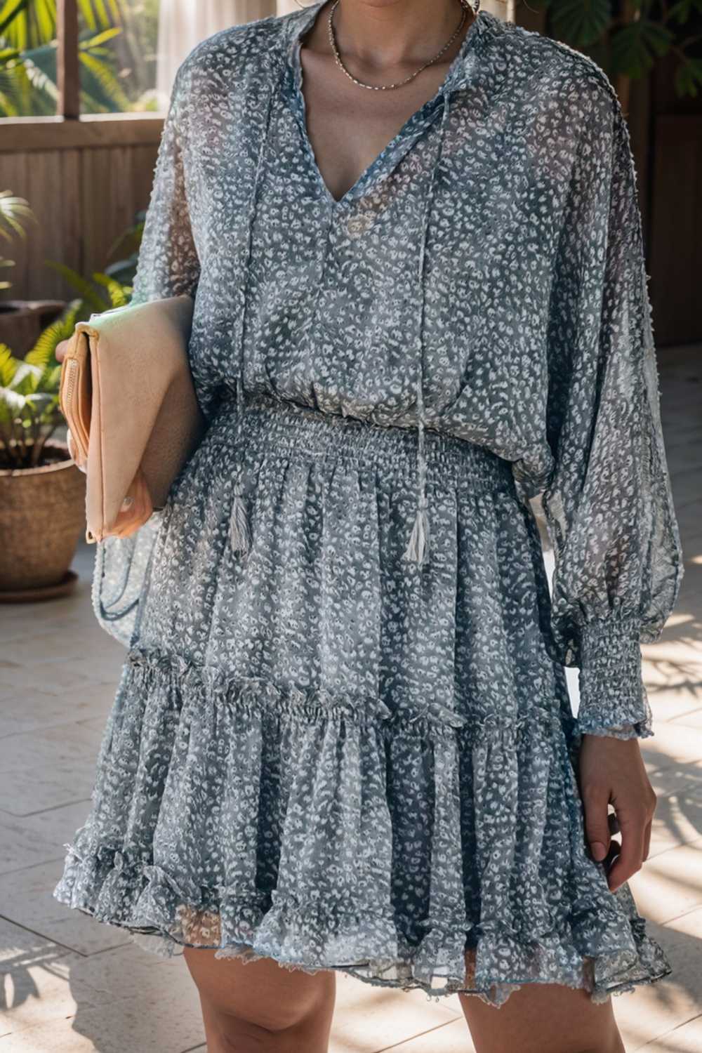 loose leopard print v neck dress drop shoulder a line closed cape paneled 131795