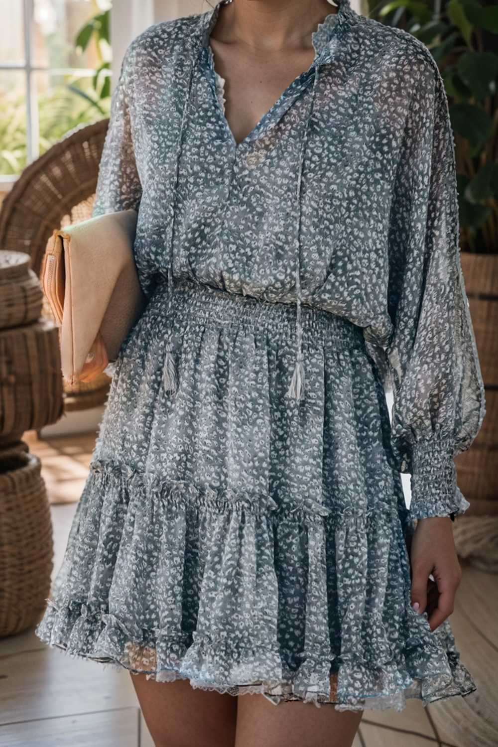 loose leopard print v neck dress drop shoulder a line closed cape paneled 133761
